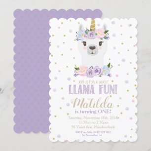 Llama Unicorn Invitation Anniversaire Floral Viole