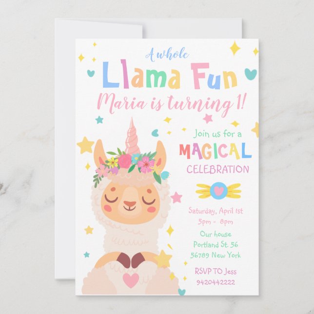 Llama Unicorn Magical Party Kindergeburtstag Einladung (Vorderseite)
