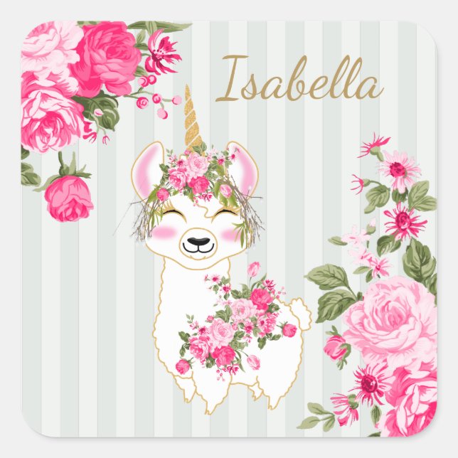 Llama Unicorn - Sticker Carré rose (Devant)