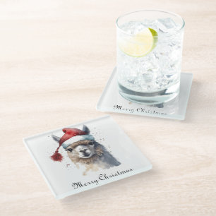 Llama Weihnachten Wasserfarbe Weihnachtsmannmütze Glasuntersetzer