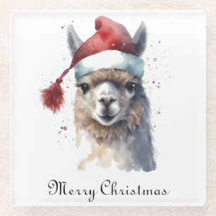 Llama Weihnachten Wasserfarbe Weihnachtsmannmütze Glasuntersetzer