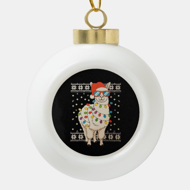 Llama Weihnachtsbeleuchtung Ugly Xmas Sweater Holi Keramik Kugel-Ornament (Vorderseite)