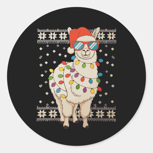 Llama Weihnachtsbeleuchtung Ugly Xmas Sweater Holi Runder Aufkleber (Vorderseite)