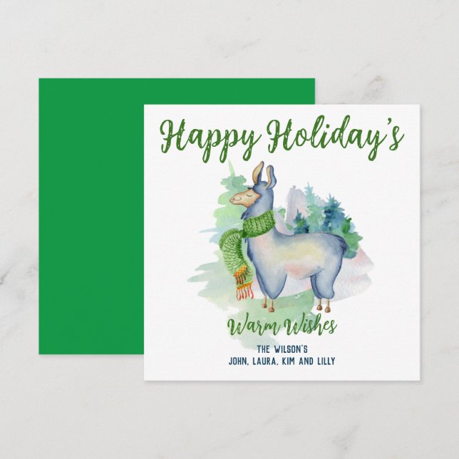 Llama Wreath Watercolor Happy Holidays Custom Karte (Vorne/Hinten)