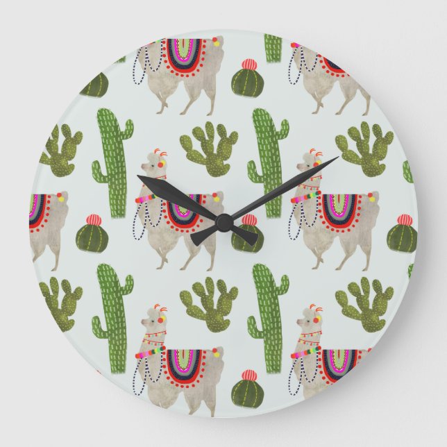Llamarama Collection | Kakteen & Llama Muster Große Wanduhr (Vorderseite)