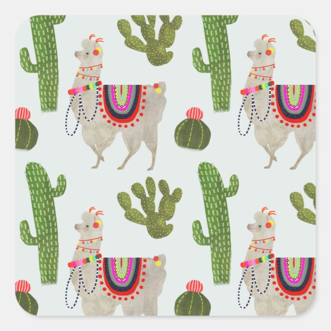 Llamarama Collection | Kakteen & Llama Muster Quadratischer Aufkleber (Vorderseite)