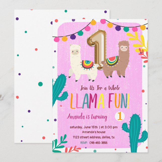 Llamas 1er anniversaire Invitation (Devant / Derrière)