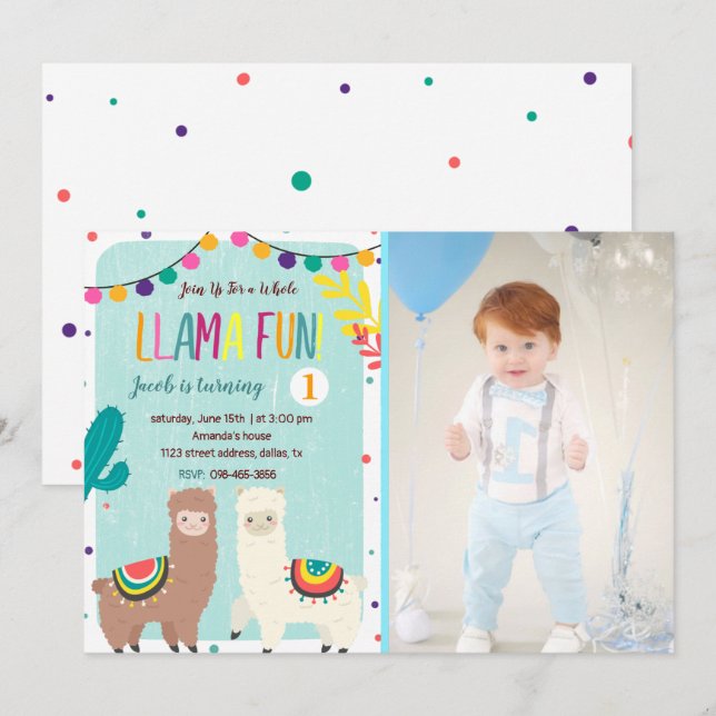 Llamas Blue Birthday Einladung mit Foto (Vorne/Hinten)