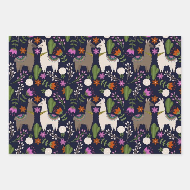 Llamas, Blume und Kakteen on Navy Geschenkpapier Set (Vorderseite)