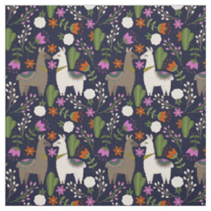 Llamas, Blume und Kakteen on Navy Stoff