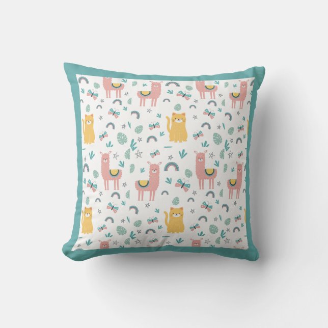 Llamas Cats Alapaca Grüne Tiere Boho Kissen (Vorderseite)