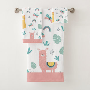Llamas Cats Alapaca Pink Trim Animals Boho Girly Badhandtuch Set
