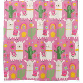 Llamas Rainbows Green Cactus Light Girly Pink Nied Duschvorhang
