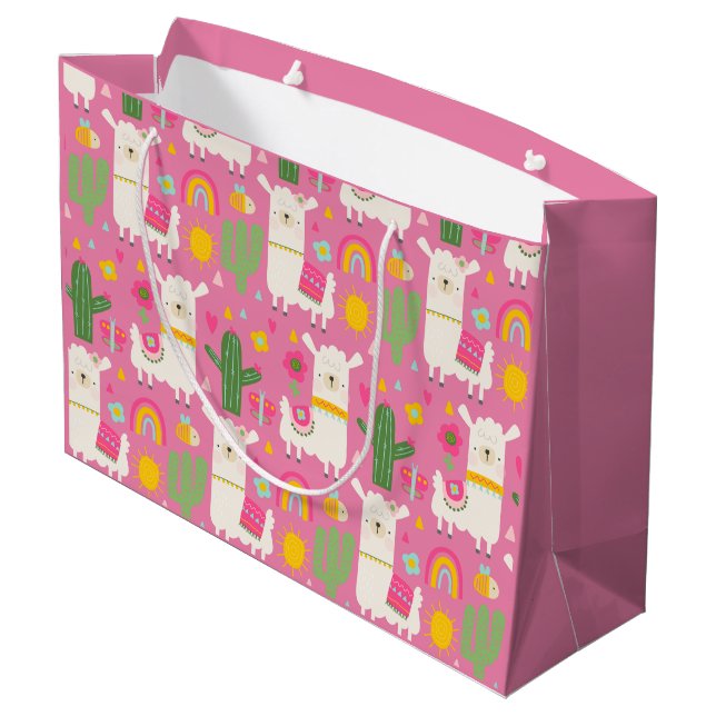 Llamas Rainbows Green Cactus Light Girly Pink Nied Große Geschenktüte (Rückseite Schrägansicht)