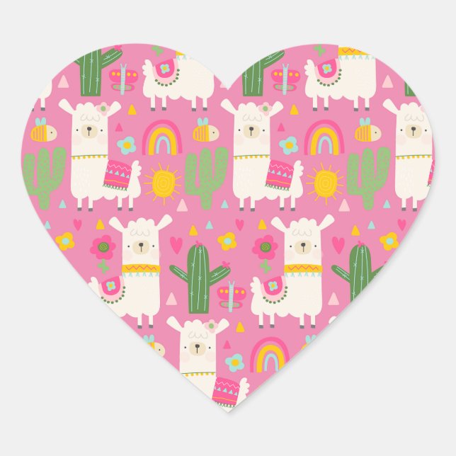 Llamas Rainbows Green Cactus Light Girly Pink Nied Herz-Aufkleber (Vorderseite)