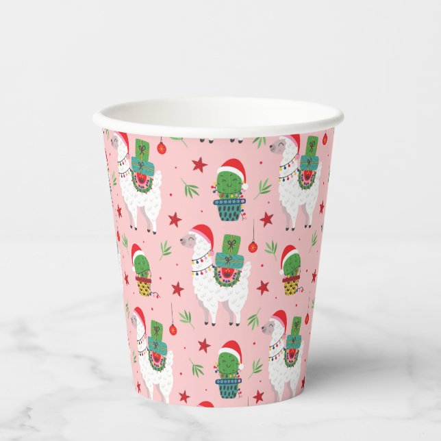 Llamas und Cacti Weihnachtsmuster Pappbecher (Vorderseite)