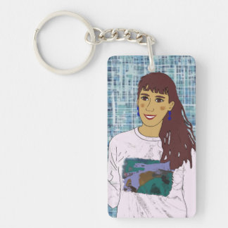 Llavero rectangular con diseño chica con flequillo
