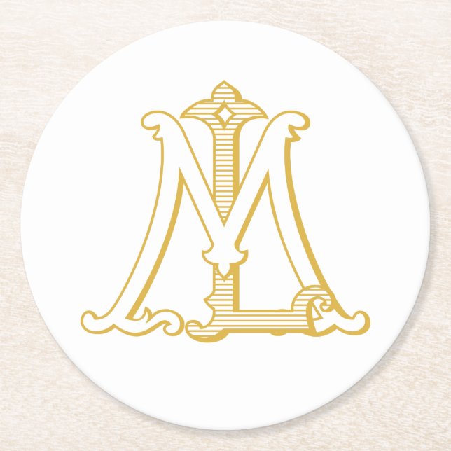 LM- oder ML-Monogramm-Untersetzer, antike, in Gold Runder Pappuntersetzer (Vorderseite)