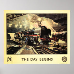LMS Train LA JOURNÉE COMMENCE Vintage affiche ferr