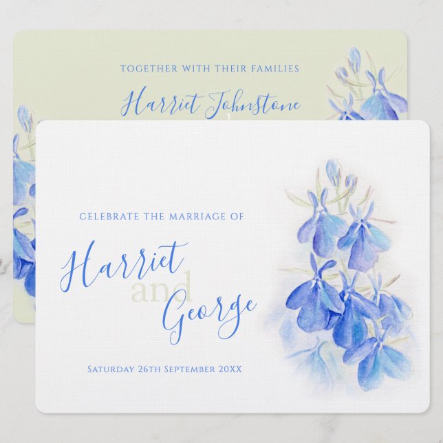 Lobelia Blau Blumengrün Rücken Hochzeitsaufenthalt Einladung (Vorne/Hinten)