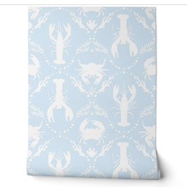 Lobster and Crab Pale Blue and White Tapete