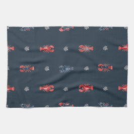 Lobster and Sea Coral Pattern on Navy Geschirrtuch