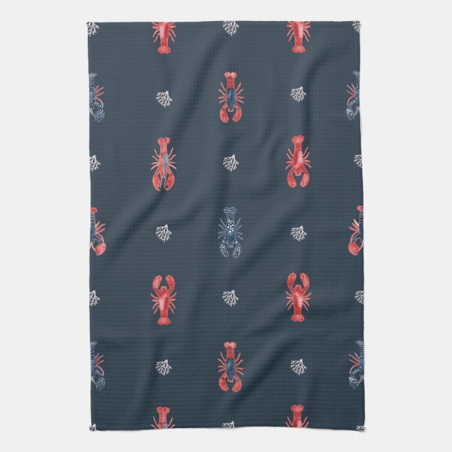 Lobster and Sea Coral Pattern on Navy Geschirrtuch (Vertikal)