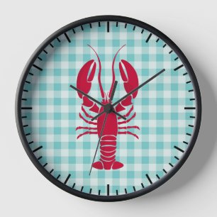 Lobster auf Blue Gingham Kitchen Uhr