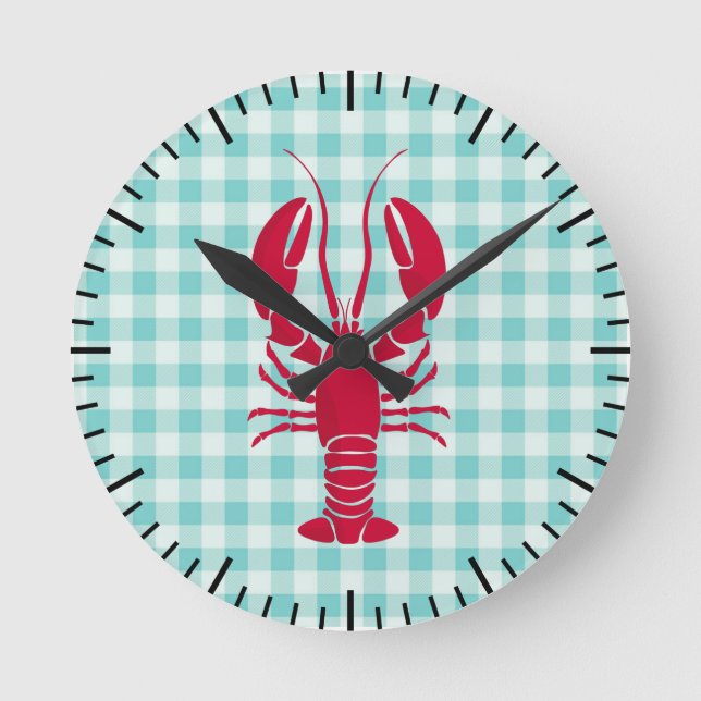 Lobster auf Blue Gingham Runde Wanduhr (Vorderseite)
