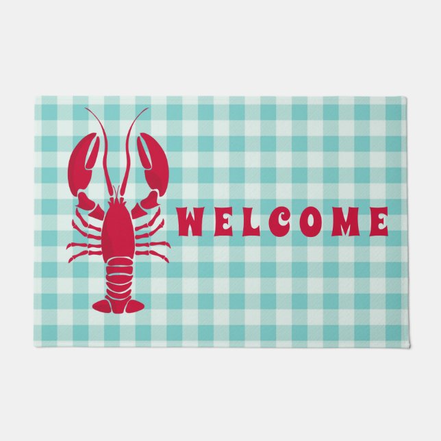 Lobster auf Blue Gingham Willkommen Fußmatte (Vorderseite)