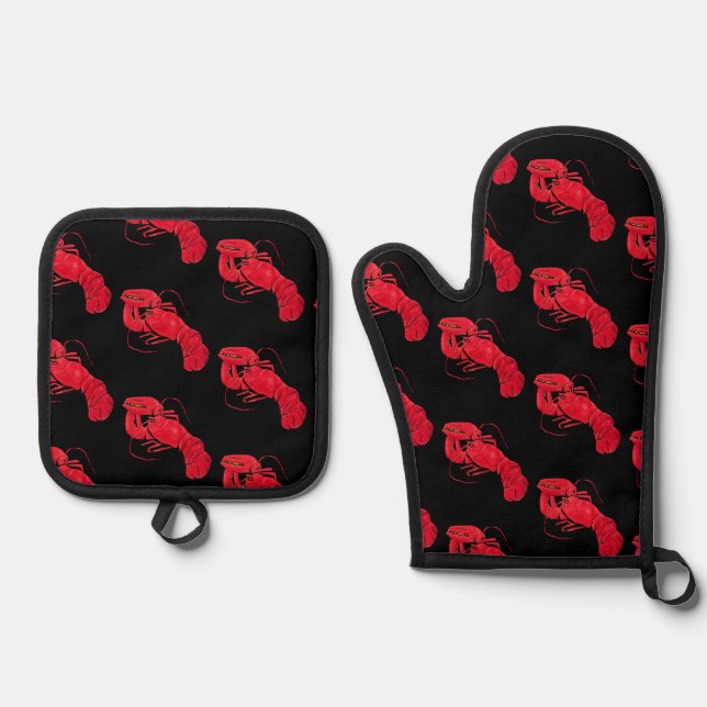 Lobster auf schwarzem Hintergrund von Marsden Hart Ofenhandschuh & Topflappen-Set (Vorderseite)