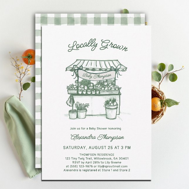 Locally Grown Farmer Market Sage Green Baby Shower Einladung (locally grown baby shower invitation sprout produce watercolor farmers market stand green gingham)
