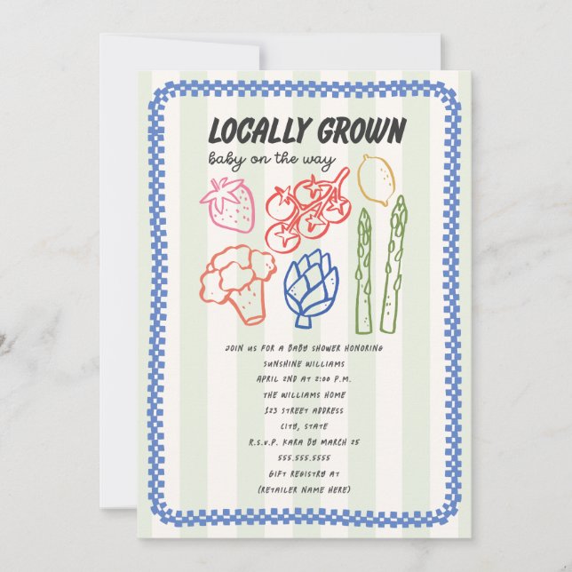 Locally Grown Farmers Market Blue Boy Baby Shower Einladung (Vorderseite)