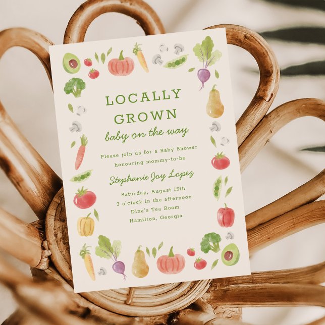 Locally Grown Farmer's Market Veggies Baby Shower Einladung (Locally Grown baby shower invitation with hand-drawn watercolour vegetables)