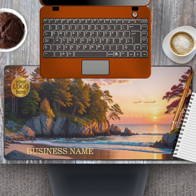 Location de plage ou voyage d'affaires (Desk mat featuring an illustration of a sunset on the beach.)