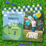 Loch in einem Golf 1. Geburtstag Foto Dankeskarte<br><div class="desc">Dankeschön im Stil mit diesen trendigen 1. Geburtstag Dankeschön Karten. Die Vorlagenformulierung ist einfach zu personalisieren und Ihre Familie und Freunde werden begeistert sein,  wenn sie diese fantastischen Dankesworte erhalten.</div>