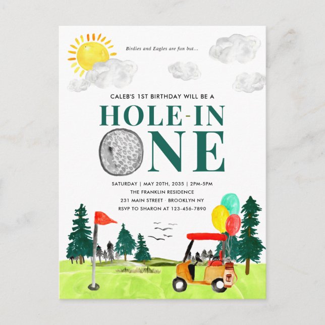 Loch in einem Golf Boy Golfing Par-tee 1. Geburtst Postkarte (Vorderseite)