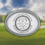 Loch in One Classic Personalisiert Golf Ovale Gürtelschnalle<br><div class="desc">Die klassische Retro-Optik mit altertümlicher Briefmarke. Personalisieren Sie den Namen,  die Nummer des Ortes Loch und das Datum,  um einen großen Sake zu schaffen,  um dieses fantastische Loch in einem zu feiern. Entwickelt von Thisisnotme©</div>