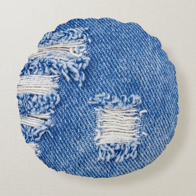 Loch, Jeans aus Denim, rippte Textur Rundes Kissen (Vorderseite)