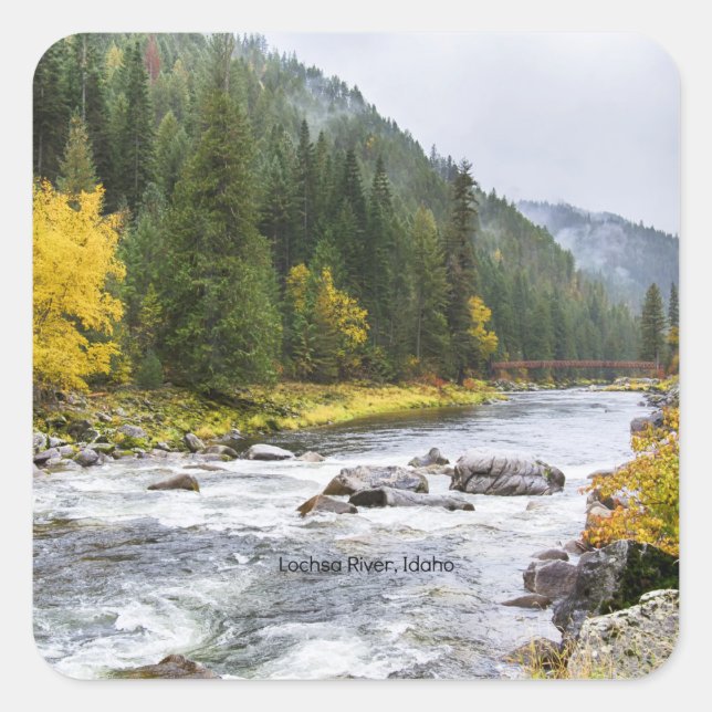 Lochsa River, Idaho, landschaftliches Foto, Quadratischer Aufkleber (Vorderseite)