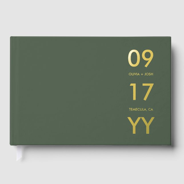 Loden Green Foil Modern Wedding Date Typografy Gästebuch (Vorderseite)