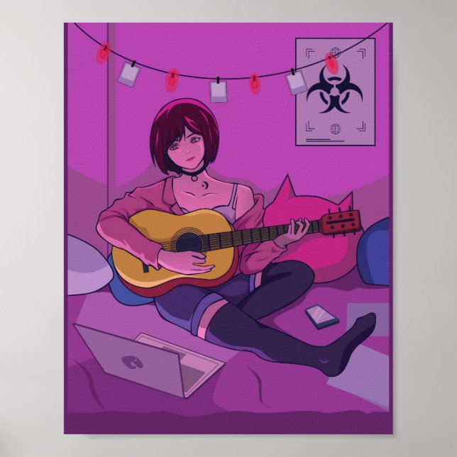 Lofi Anime Art Playing Guitar Poster (Vorne)