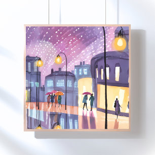 Lofi Regenspaziergang   Farbige Stadtlichter Aquar Poster