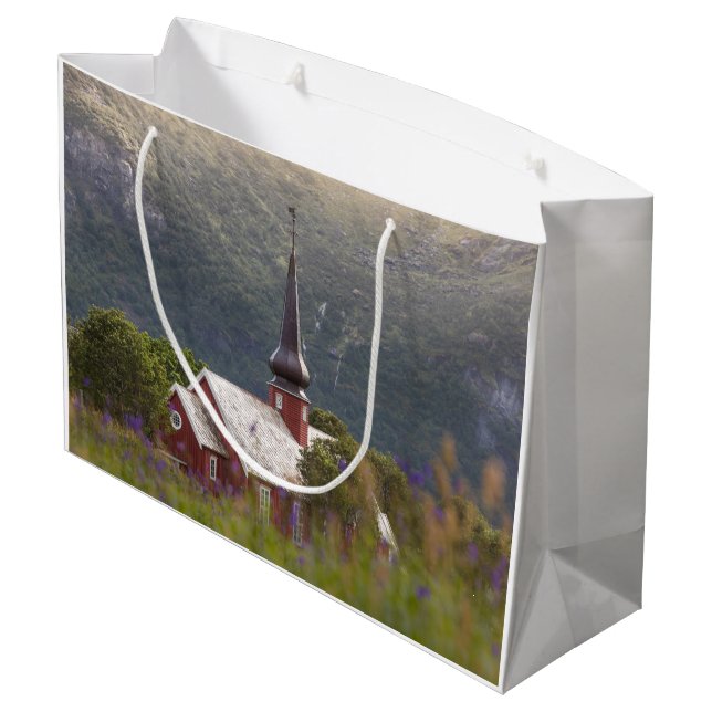 Lofoten Flakstad Church Große Geschenktüte (Rückseite Schrägansicht)