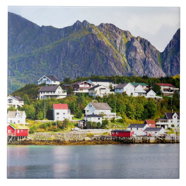 Lofoten Norwegen Reine Dorf unter sonniger blauem  Fliese (Vorderseite)
