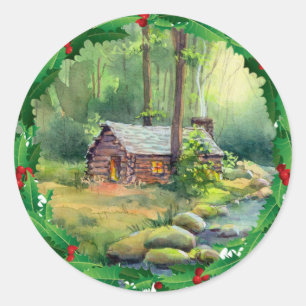 LOG CABIN HOLLY CHRISTMAS by SHARON SHARPE Runder Aufkleber