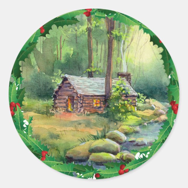 LOG CABIN HOLLY CHRISTMAS by SHARON SHARPE Runder Aufkleber (Vorderseite)