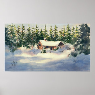 LOG CABIN in SNOW von SHARON SHARPE Poster