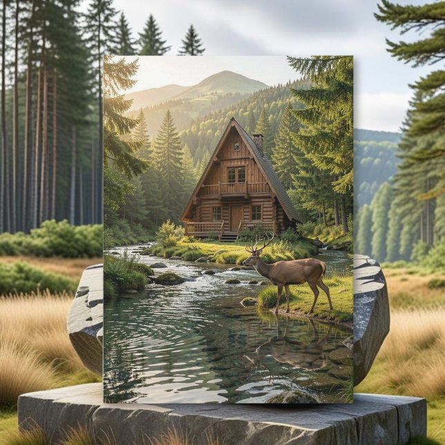 Log Cabin, Stream and Deer, Father's Day Karte (Von Creator hochgeladen)