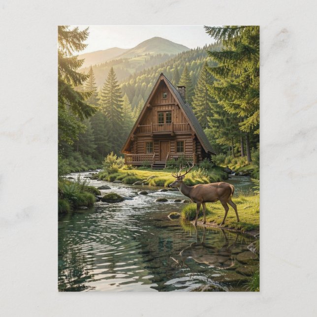 Log Cabin, Stream and Deer, Father's Day Postkarte (Vorderseite)